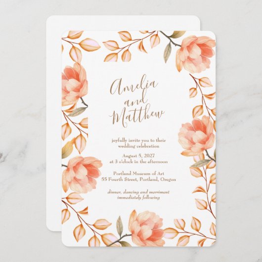 Peachy Peonies bruiloft uitnodiging (Voorkant / Achterkant)