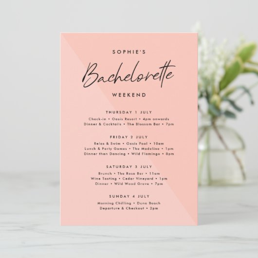 Peachy Pink | Bachelorette Weekend Itiniary Kaart (Staand voorkant)