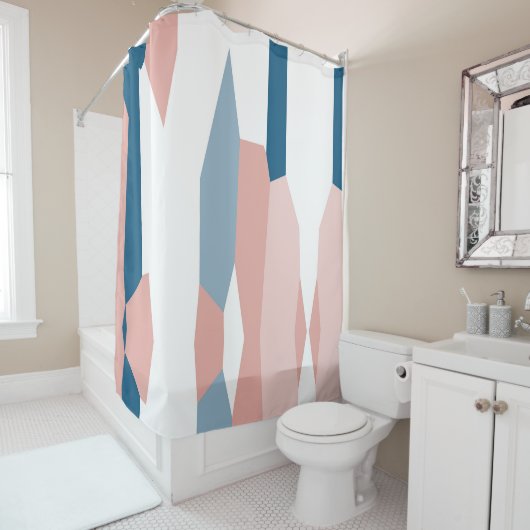 Peachy Pink Blue en White Abstract Douchegordijn (In situ)