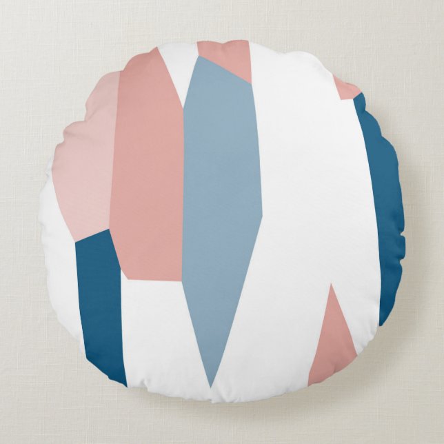 Peachy Pink Blue en White Abstract Rond Kussen (Voorkant)