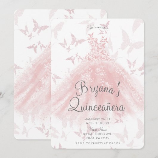 Peachy Pink Butterfly Dance Quinceañera Kaart (Voorkant / Achterkant)