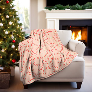 Peachy Pink Christmas Candy Canes Fleece Deken