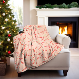 Peachy Pink Christmas Candy Canes Fleece Deken