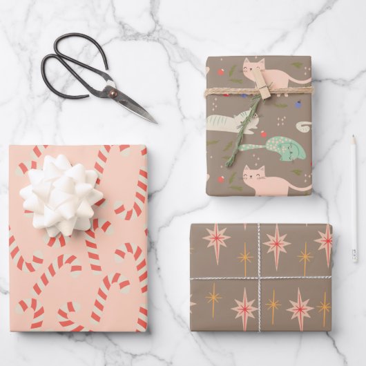 Peachy Pink Christmas Candy Canes Meowy Inpakpapier Vel (Voorkant)