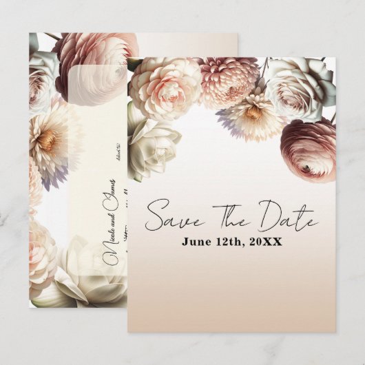 Peachy Pink Creamy White Flowers Sla de datum op Aankondigingskaart (Voorkant / Achterkant)