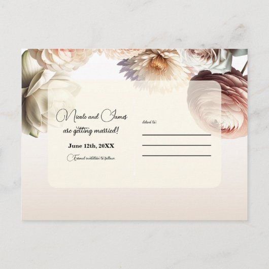 Peachy Pink Creamy White Flowers Sla de datum op Aankondigingskaart (Achterkant)