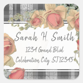 Peachy Pink en Grey Plaid Retouradres Vierkante Sticker