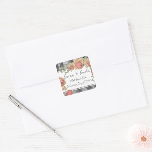 Peachy Pink en Grey Plaid Retouradres Vierkante Sticker (Envelop)