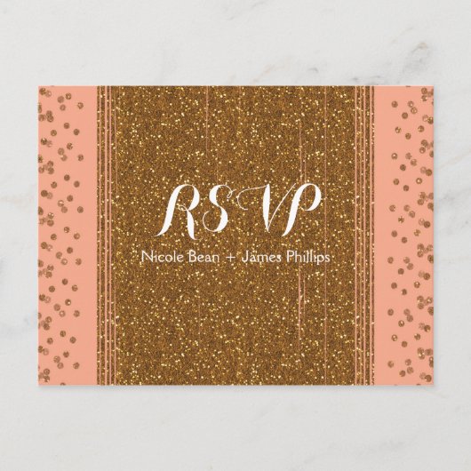Peachy Pink & Faux Glitter Wedding RSVP Briefkaart (Voorkant)