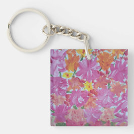 Peachy Pink Floral Acryl Vierkante Sleutelhanger