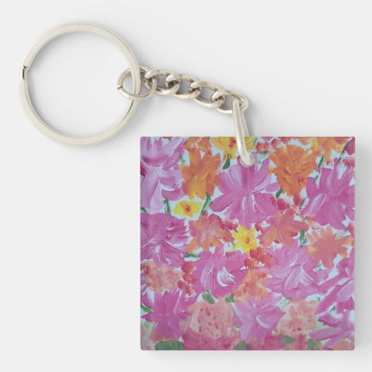 Peachy Pink Floral Acryl Vierkante Sleutelhanger (Voorkant)