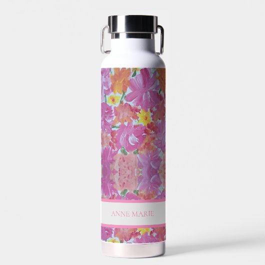 Peachy Pink Floral Custom Water Bottle Waterfles (Voorkant)