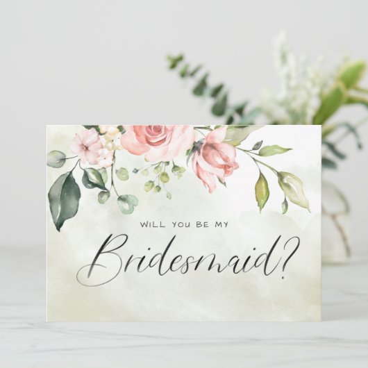 Peachy Pink Floral Waterverf Script Bridesmaid Kaart (Staand voorkant)
