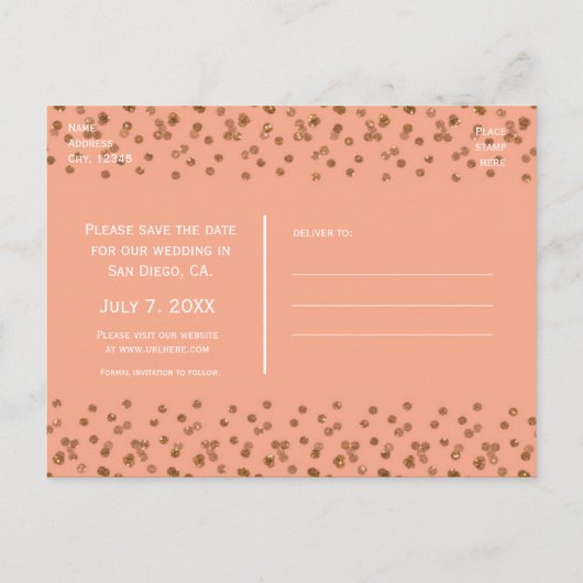 Peachy Pink & Gold Confetti Save The Date Briefkaa Aankondigingskaart (Achterkant)