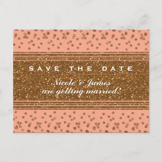 Peachy Pink & Gold Confetti Save The Date Briefkaa Aankondigingskaart (Voorkant)