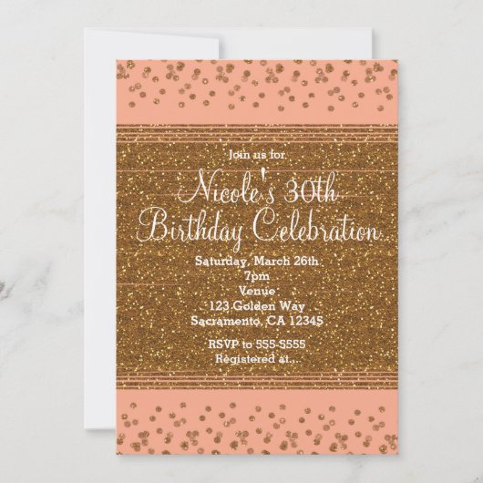 Peachy Pink & Gold Confetti Stippen Party Uitnodig Kaart (Voorkant)