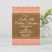 Peachy Pink & Gold Confetti Stippen Party Uitnodig Kaart (Staand voorkant)