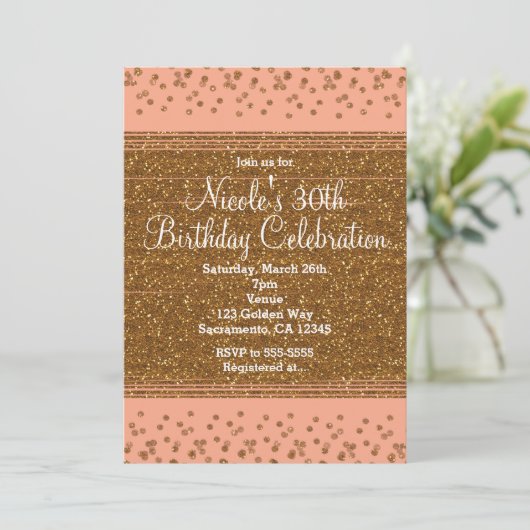 Peachy Pink & Gold Confetti Stippen Party Uitnodig Kaart (Staand voorkant)