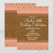 Peachy Pink & Gold Confetti Stippen Party Uitnodig Kaart (Voorkant / Achterkant)