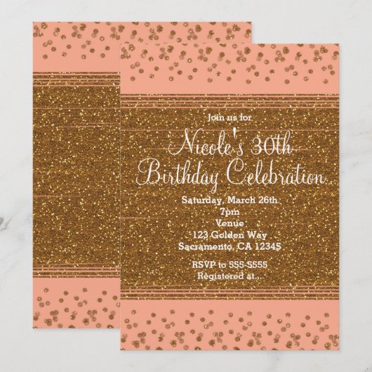 Peachy Pink & Gold Confetti Stippen Party Uitnodig Kaart (Voorkant / Achterkant)