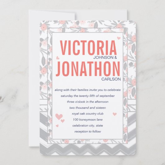 Peachy Pink Grey Flora en Fauna Bruiloft Kaart (Voorkant)