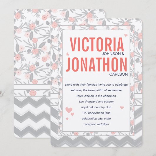 Peachy Pink Grey Flora en Fauna Bruiloft Kaart (Voorkant / Achterkant)