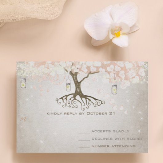 Peachy Pink Heart Leaf Wedding RSVP Kaartje