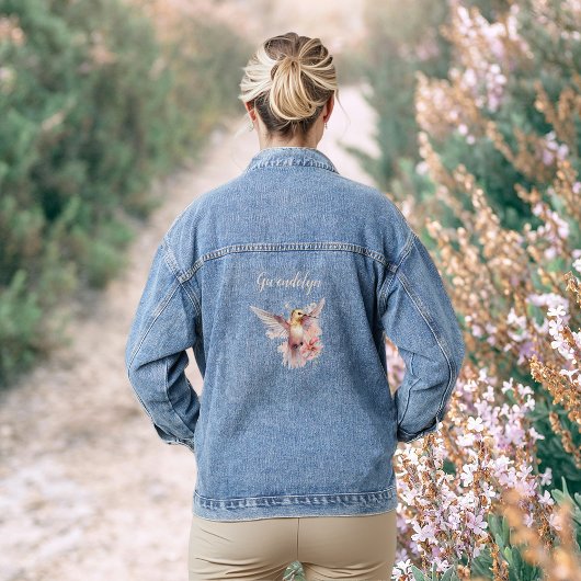  Peachy Pink Hummingbird met Monogram Naam Denim Jacket
