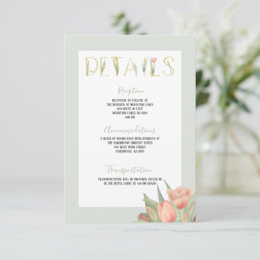 Peachy Pink & Mint Spring Tulips Informatiekaartje (Staand voorkant)