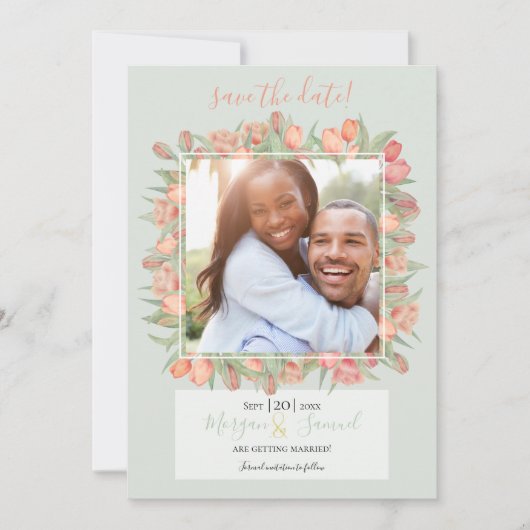 Peachy Pink & Mint Spring Tulips Save The Date (Voorkant)