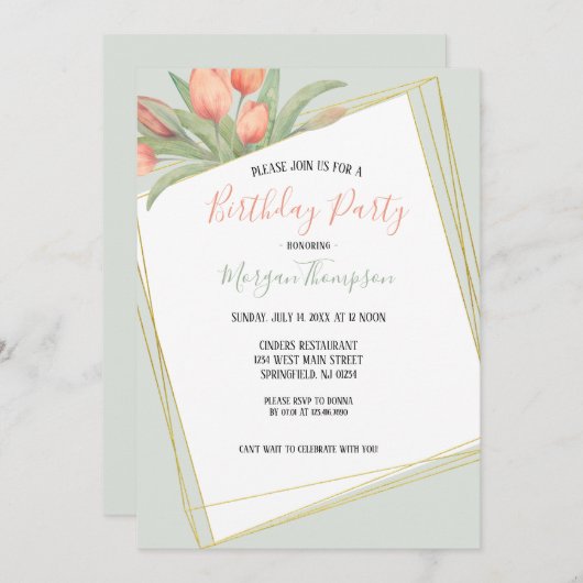 Peachy Pink & Mint Spring Tulpen Verjaardagsfeestj Kaart (Voorkant / Achterkant)