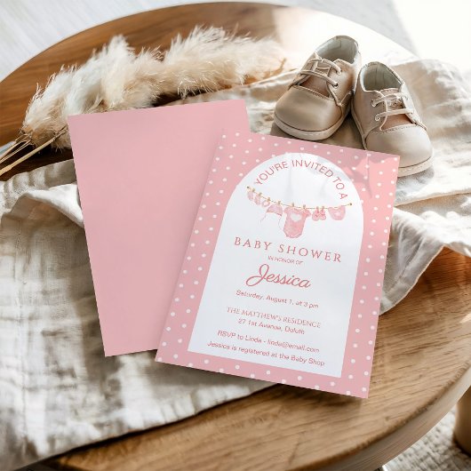 Peachy Pink Polka Dots Hanging Clothes Baby Shower Kaart