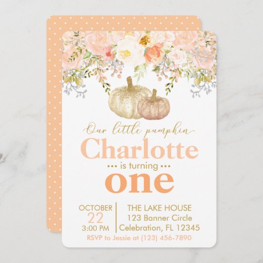 Peachy Pumpkin Meisjes Herfst Verjaardagsuitnodigi Kaart (Voorkant / Achterkant)