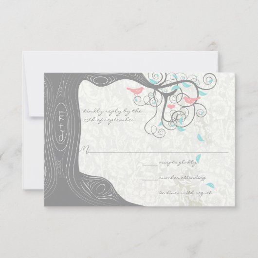 Peachy Roze en Mint Tortelduifjes Bruiloft RSVP Kaartje (Voorkant)