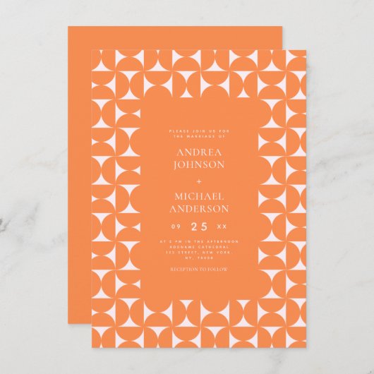 Peachy Roze en Sinaasappel Mid Century Mod Bruilof Kaart (Voorkant / Achterkant)