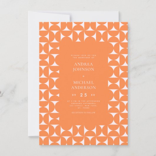 Peachy Roze en Sinaasappel Mid Century Mod Bruilof Kaart (Voorkant)
