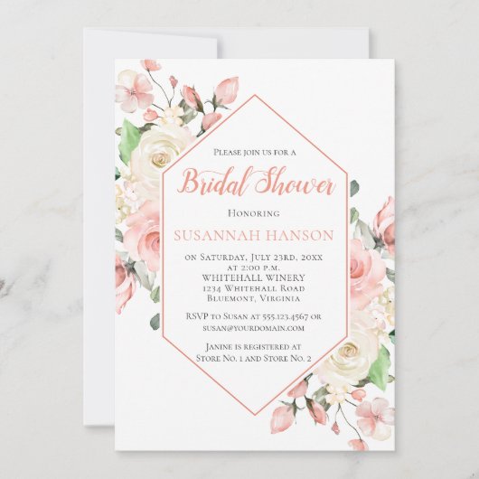 Peachy Roze en Witte Rozen Lijst Vrijgezellenfeest Kaart (Voorkant)