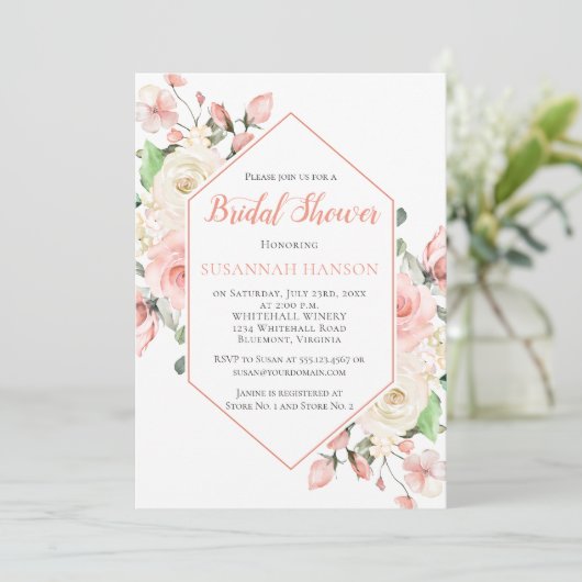 Peachy Roze en Witte Rozen Lijst Vrijgezellenfeest Kaart (Staand voorkant)