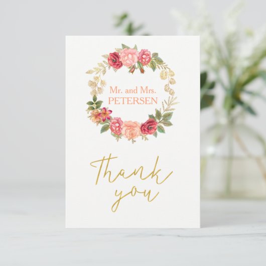 Peachy roze gouden rozen krans bruiloft dank u bedankkaart (Staand voorkant)