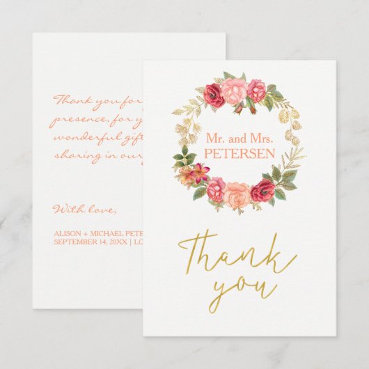 Peachy roze gouden rozen krans bruiloft dank u bedankkaart (Voorkant / Achterkant)