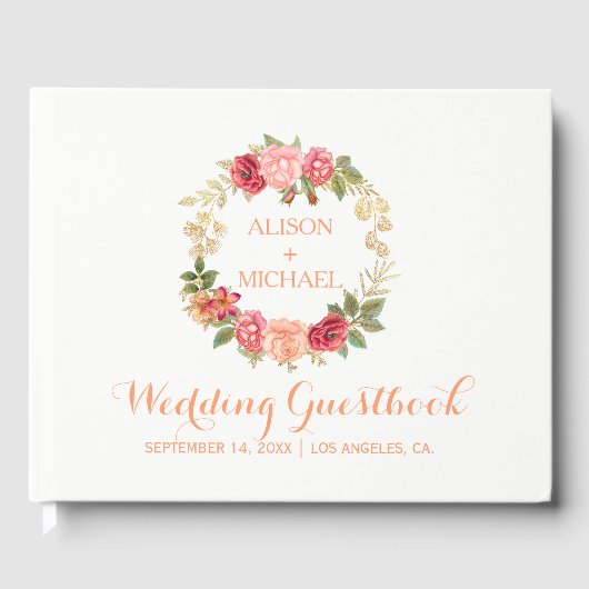 Peachy roze gouden rozen krans bruiloft gastenboek (Voorkant)