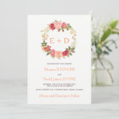 Peachy roze gouden rozen krans bruiloft monogram kaart (Staand voorkant)