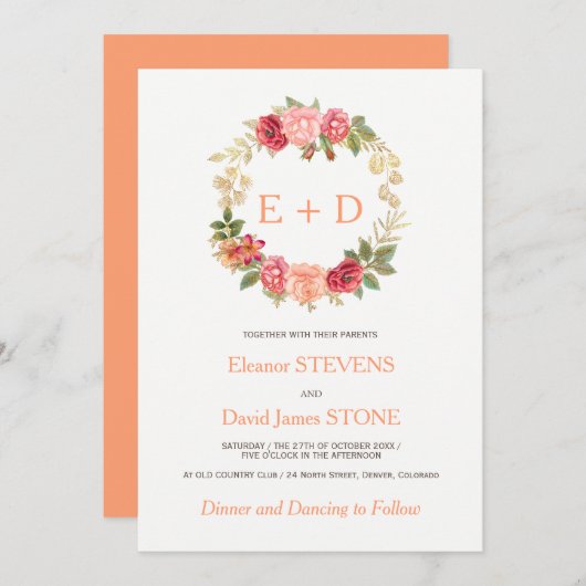 Peachy roze gouden rozen krans bruiloft monogram kaart (Voorkant / Achterkant)