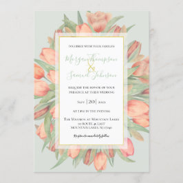 Peachy Roze & Mint Lente Tulpen Bruiloft Kaart