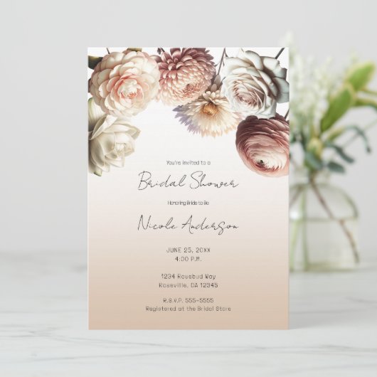 Peachy roze romige witte bloemen bloemenbruids kaart (Staand voorkant)