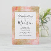 Peachy Roze Waterverf Gouden Faux Glitter Kaart (Staand voorkant)