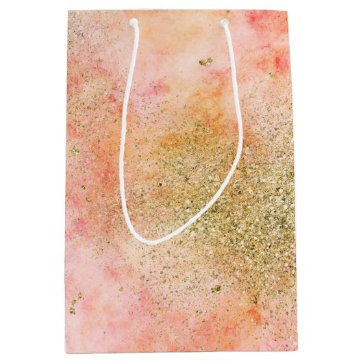 Peachy Roze Waterverf Gouden Faux Glitter Medium Cadeauzakje (Voorkant)