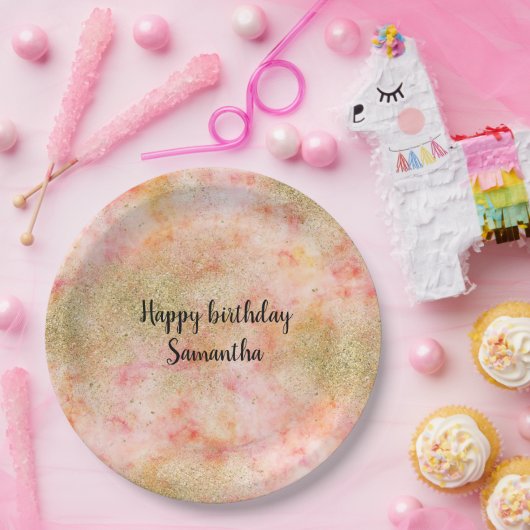 Peachy Roze Waterverf Gouden Faux Glitter Papieren Bordje (Feest)