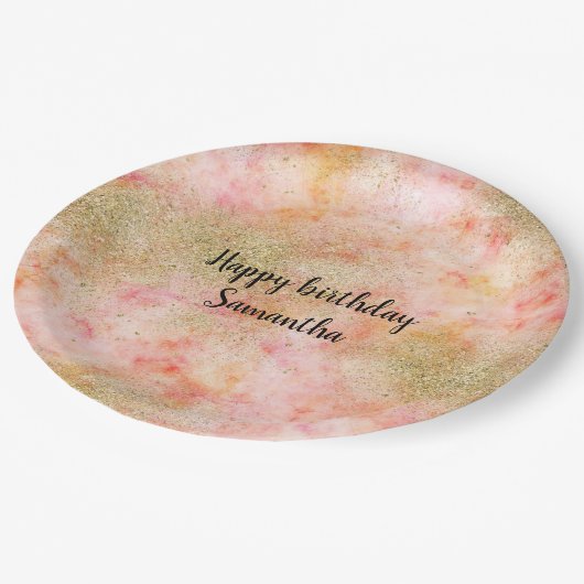 Peachy Roze Waterverf Gouden Faux Glitter Papieren Bordje (Gekanteld)