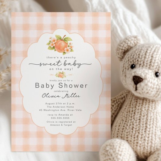 Peachy Sweet Baby Shower Gingham Uitnodiging